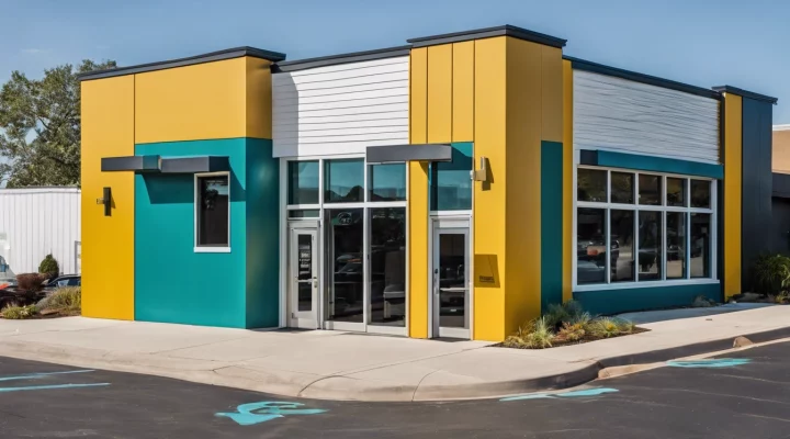 A vibrant and eye-catching commercial building exterior painted in bold yellow, blue, and teal, enhancing the business's visibility and appeal.